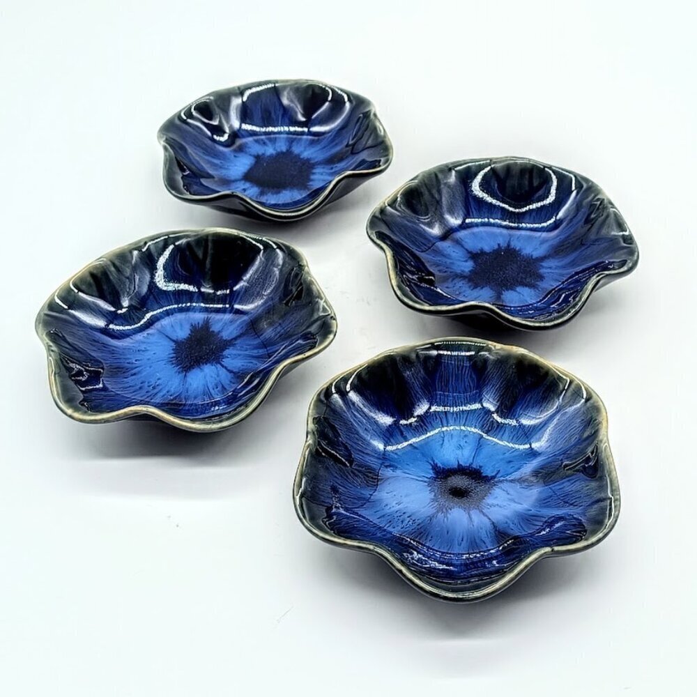 Set of 4 Blue Glazed Fluted Ceramic Dishes